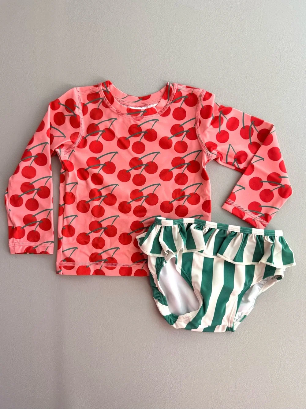 Hanna Andersson Summer Cherries Rashguard & Skirted Bikini Bottom Set 3T - NEW